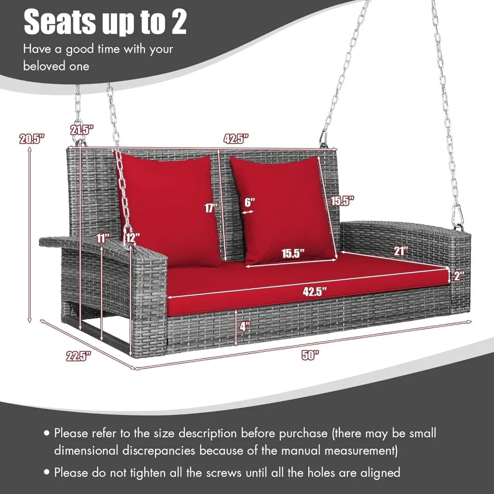 2-Person Porch Swing Bench - PE Rattan Outdoor Swing Chair with Comfortable Seat & Back Cushions, Rustproof Metal Cha