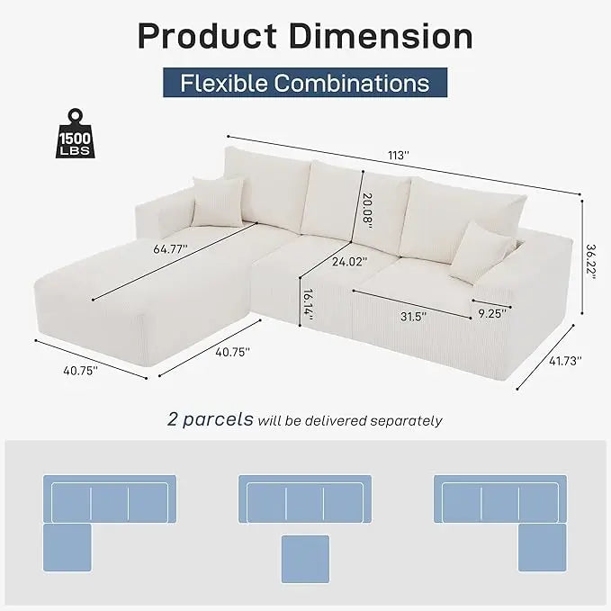 Luxury Sectional Cloud Boneless Sofa Couches | 113'' 3 Seater U-Shaped Modern Lounge Couch | No Assembly Modular for Living Room