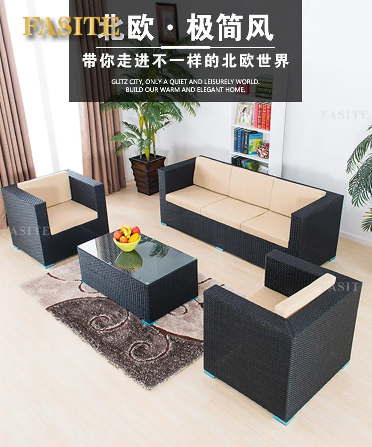 Outdoor rattan sofa, rainproof and sunscreen woven three piece set, tea table combination, outdoor furniture
