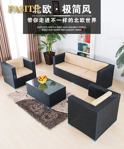 Outdoor rattan sofa, rainproof and sunscreen woven three piece set, tea table combination, outdoor furniture