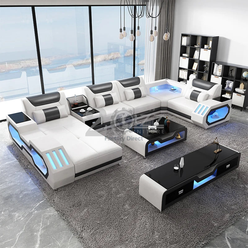 Modern Design Leather Couch Sectional Living Room Sofa Set Furniture with LED
