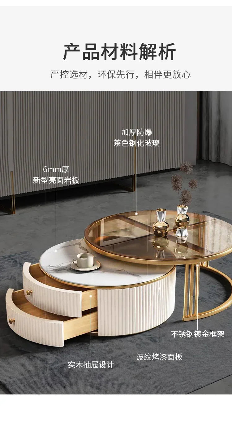 a163  round Glass Stone Plate Coffee Table Modern Minimalist Living Room Home Retractable Size Combination