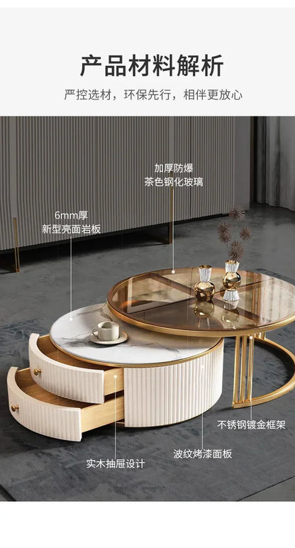 a163  round Glass Stone Plate Coffee Table Modern Minimalist Living Room Home Retractable Size Combination