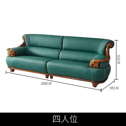 New Chinese-style thick leather sofa with solid wood 123 living room combination large apartment villa furniture  FT