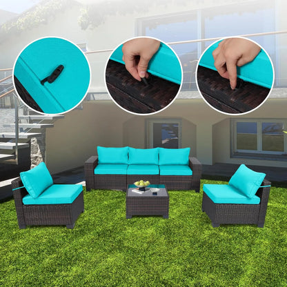 4 Pieces Patio Rattan Furniture Set, Outdoor Wicker Sofa Set with Tempered Glass Coffee Table, Cushions, All Weather Rattan Con
