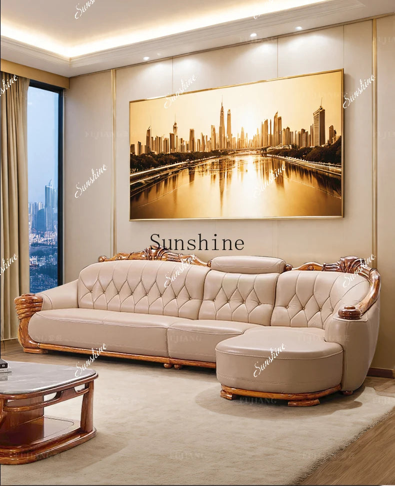 European leather sofa solid wood carving flower high-end luxury corner princess combination