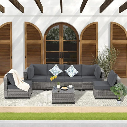 Patio Furniture Set, Modular Patio Set Wicker Outdoor Sectional Sofa Set PE Rattan Wicker Patio Conversation Set with T