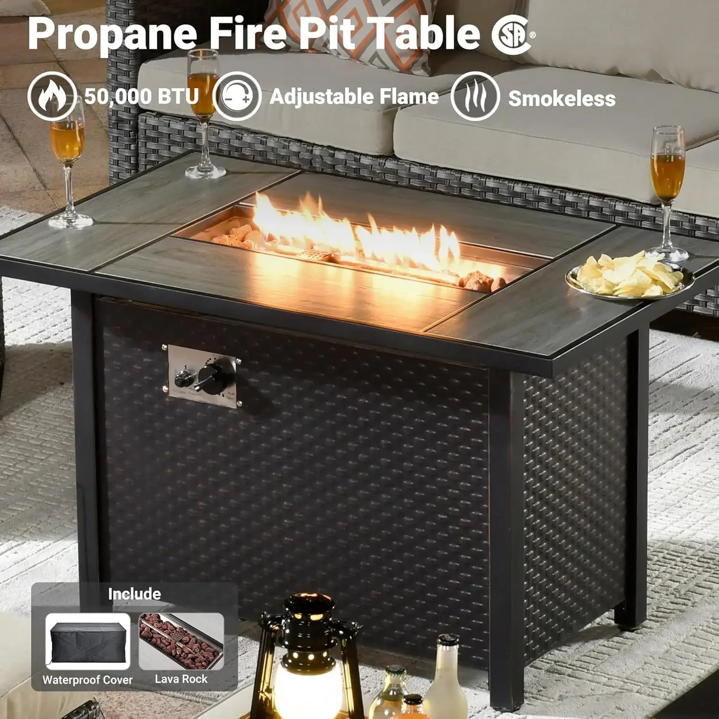 Patio Furniture Set with Fire Pit Table, Outdoor WickerSofa with Comfy Cushion, High Back Rattanfor Garden Backyard