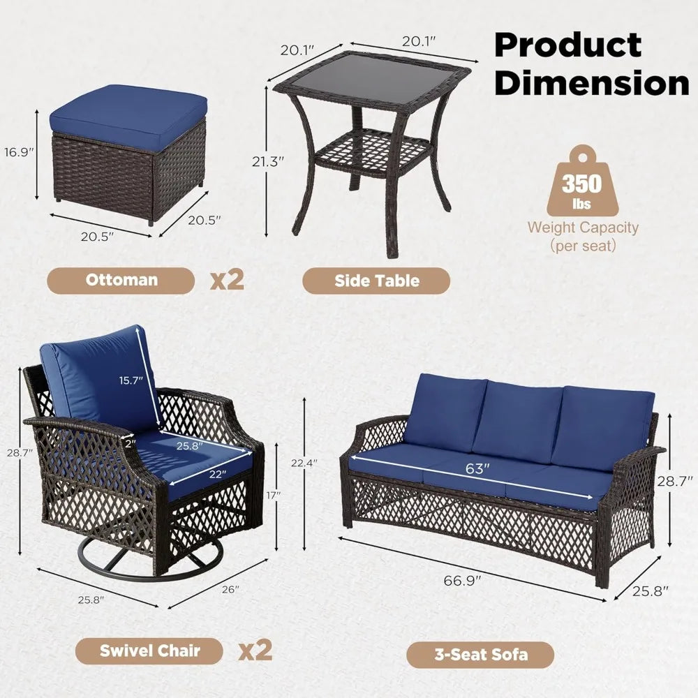 6 Piece Patio Furniture Set, Wicker Outdoor Conversation Sofa Set with Swivel Chairs, 2 Ottomans, Storage Coffee Table,