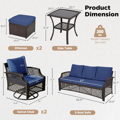 6 Piece Patio Furniture Set, Wicker Outdoor Conversation Sofa Set with Swivel Chairs, 2 Ottomans, Storage Coffee Table,