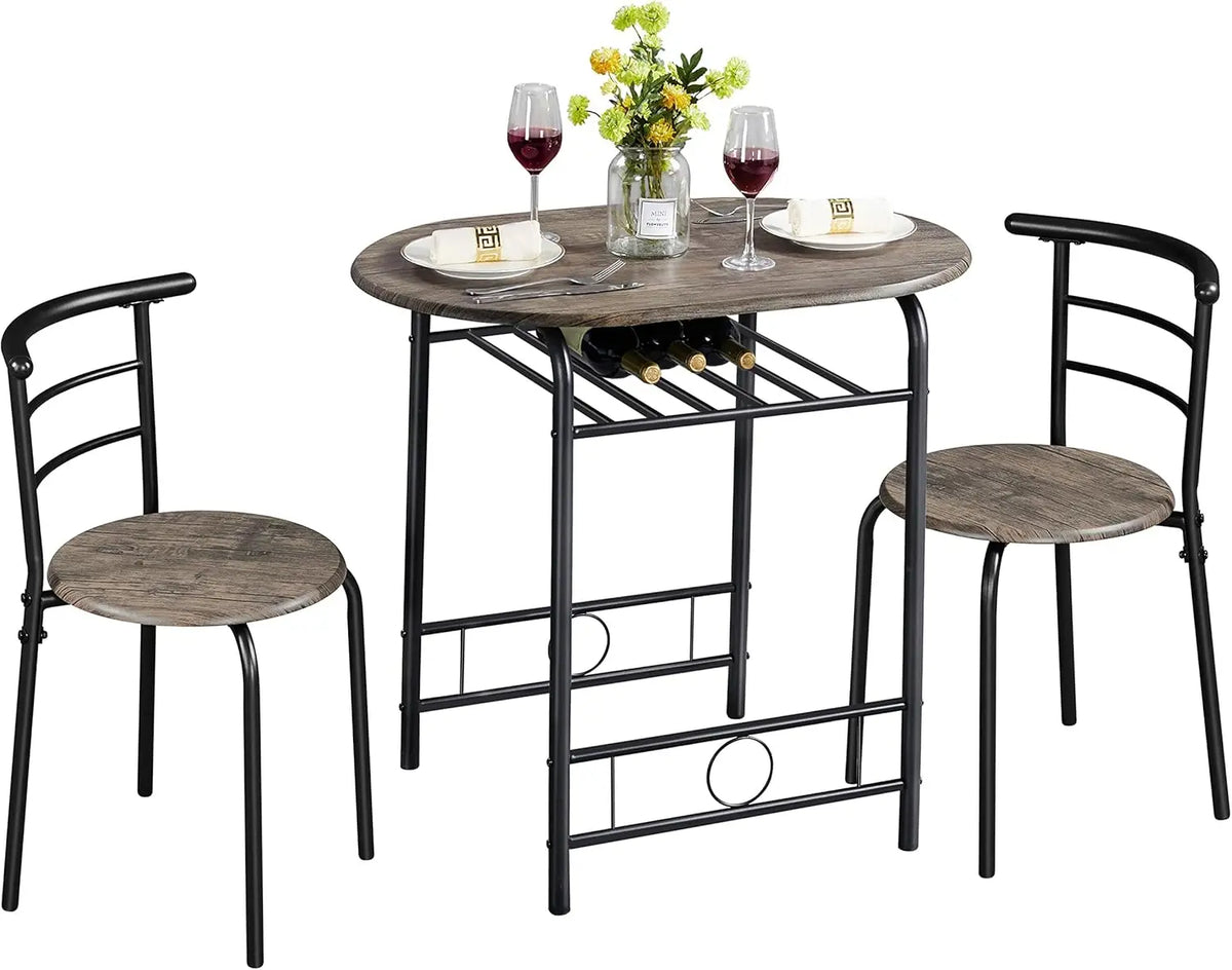 3 Piece Dining Table Set,Kitchen Table & Chair Sets for 2,Compact Bistro Table Set with Steel Legs,Built-in Wine Wine Rack Small