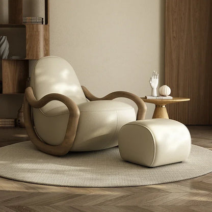 Cream wind solid wood rocking chair technical cloth household balcony Chinese lazy sofa  FT