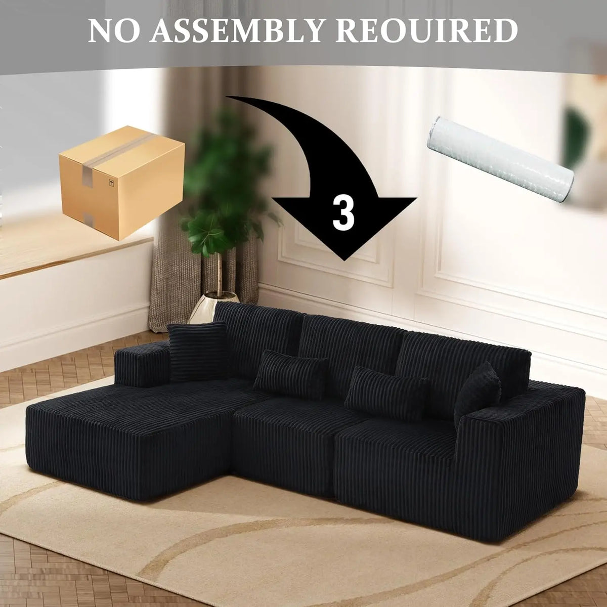 Modular Sectional Sofa, 107' L-Shaped Dark Black Couch with Deep Seat Memory Foam, Plush Corduroy, Left-Facing Chaise