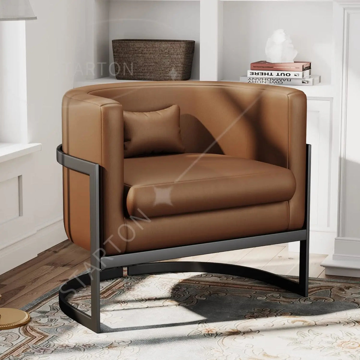 Modern Barrel Armchair for Bedroom, Living Room, or Vanity Corner Velvet Upholstered Accent Chair with Gold Frame