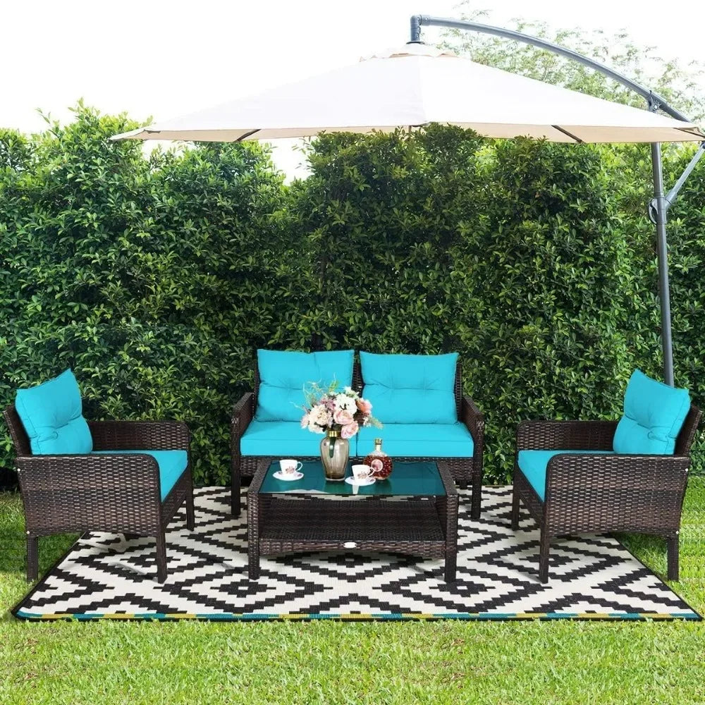 outdoor wicker patio furniture set: 4-piece conversation sectional sofa with coffee table and cushions