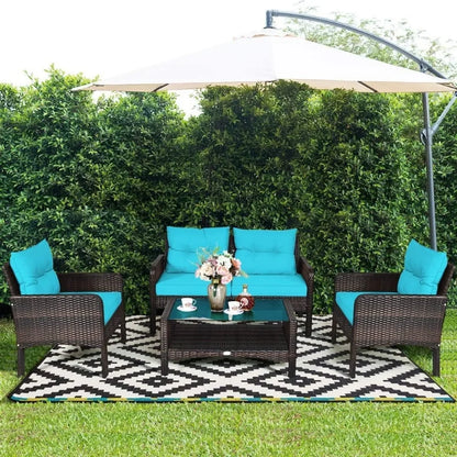 outdoor wicker patio furniture set: 4-piece conversation sectional sofa with coffee table and cushions