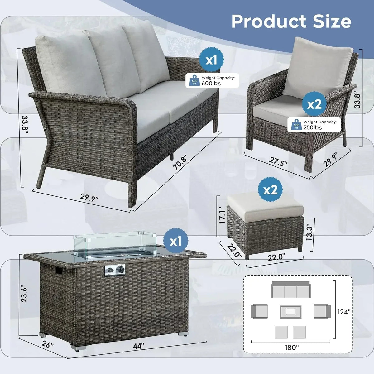 Rattan Outdoor Furniture Set, 6-piece Outdoor Deep-seated Leisure Set, Including Brazier Table and Footstool