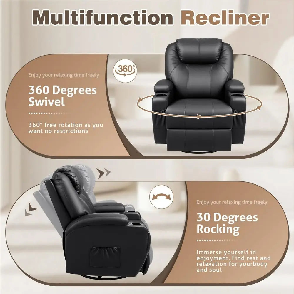 Chair, 360 Swivel Rocker Chair for Adults, Rocking Recliner Chair with Massage, Comfy Single Sofa with Side Pockets Cup Holders