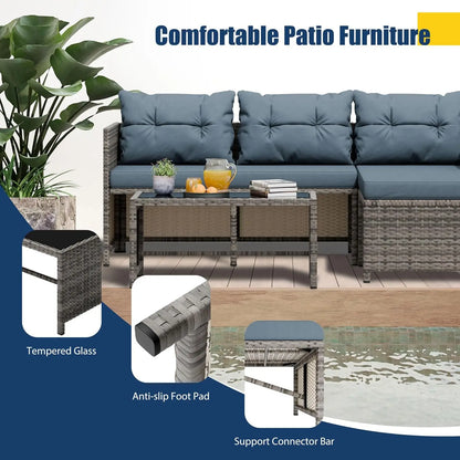 3-Piece All-Weather Patio Furniture Set with Cushions and Glass Table, Blue Outdoor Sofa for Garden