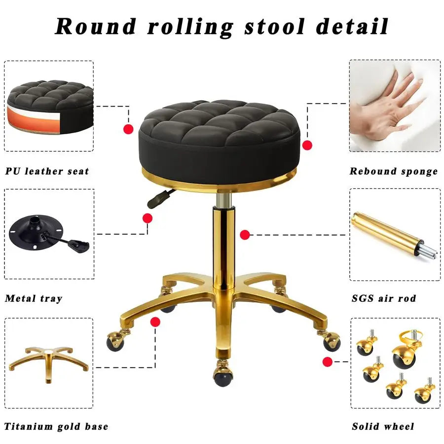 Rolling Stool Gold Vanity Stool with Wheels, Pedicure Massage Roller Stools, PU Leather Round Swivel Salon Spa Chair, Titanium