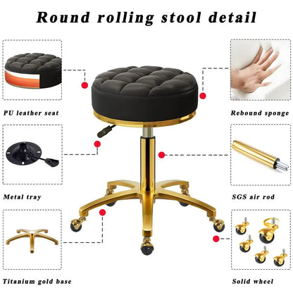 Rolling Stool Gold Vanity Stool with Wheels, Pedicure Massage Roller Stools, PU Leather Round Swivel Salon Spa Chair, Titanium