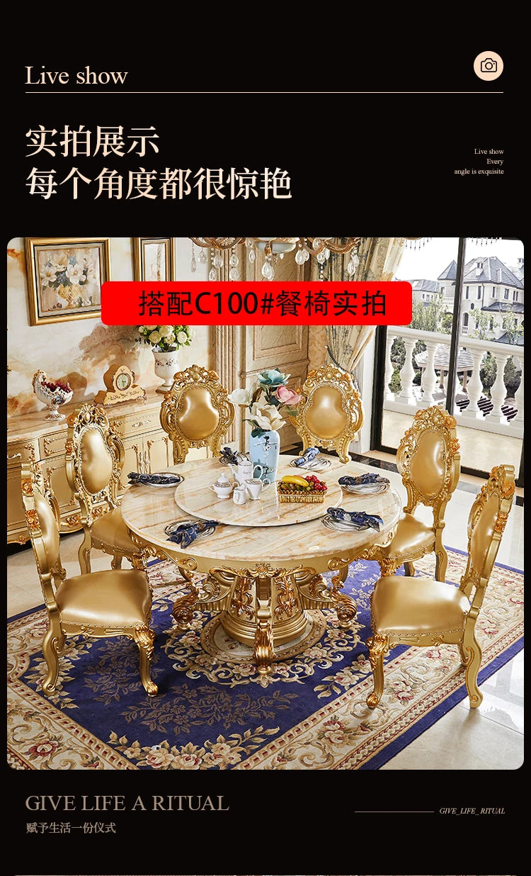 European dining table marble surface full solid wood carving flower home table and chair combination