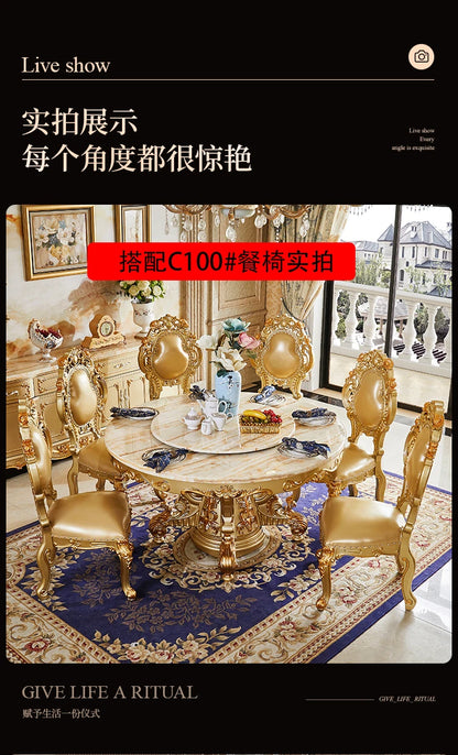 European dining table marble surface full solid wood carving flower home table and chair combination