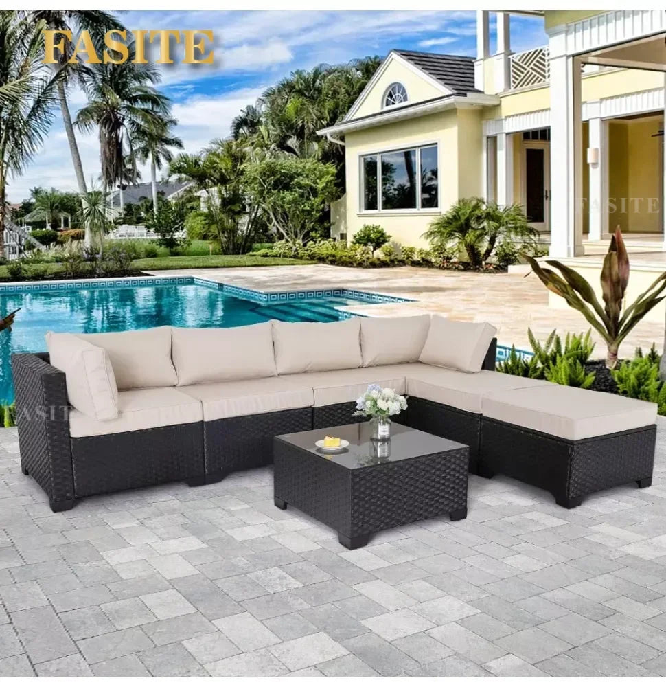 7 Pieces Outdoor PE Wicker Furniture Set Patio Rattan Sectional Conversation Sofa Set With Khaki Cushions And Glass Top Table