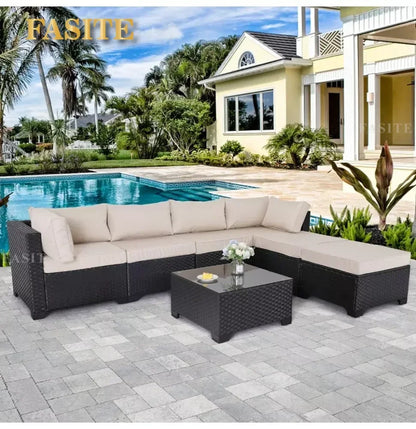 7 Pieces Outdoor PE Wicker Furniture Set Patio Rattan Sectional Conversation Sofa Set With Khaki Cushions And Glass Top Table