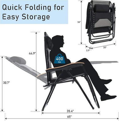 Foldable Patio Recliner, Oversized Padded Zero Gravity Chair, 30" Wide Seat Anti Gravity Lounger