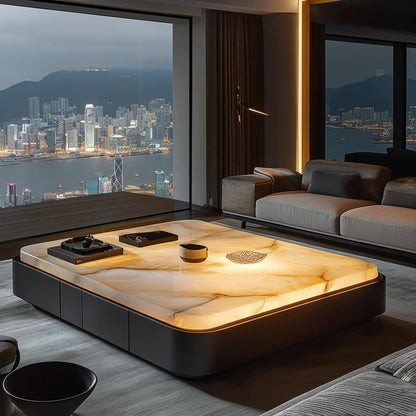 GLuminous jade coffee table, natural marble rectangular luxury stone, high-end light luxury style, living room coffee table