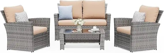4-Piece Outdoor Wicker Patio Furniture Set, PE Rattan Sectional Sofa with Thick Cushions & Tempered Glass Table, Weather-Resist