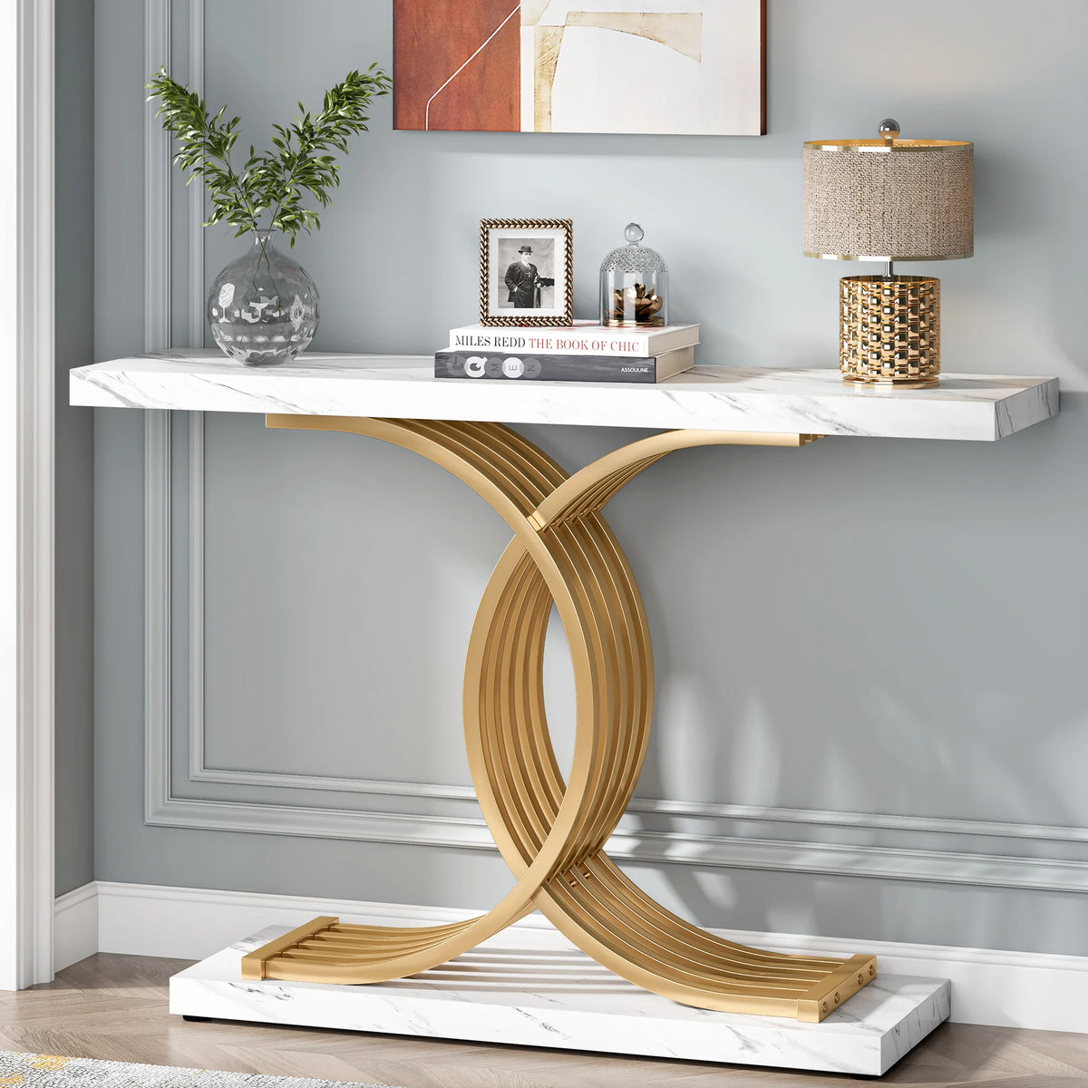 Tribesigns Gold Entryway Table, Modern 39-Inch Console Faux Marble Narrow Wood Sofa with Geometric Metal Legs
