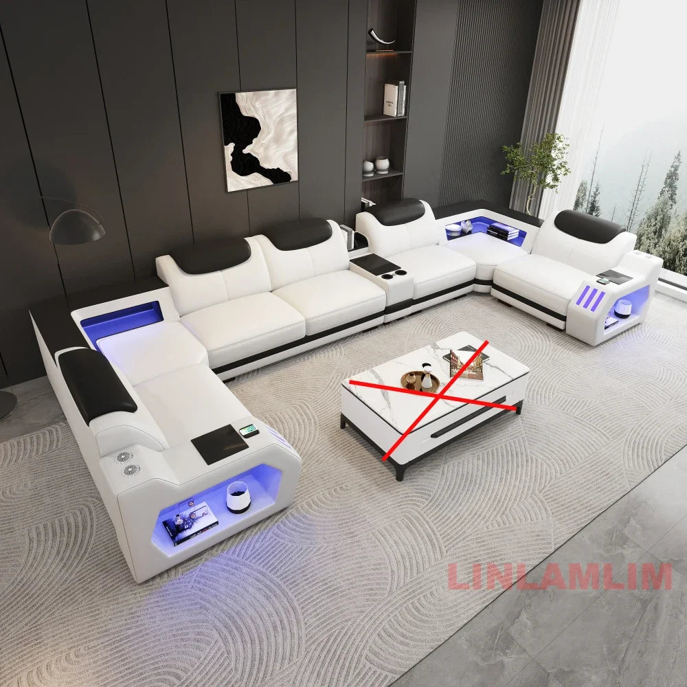 Modern Genuine Leather Massage Sectional Sofa Bed with Adjustable Headrests & LED Lights, Recliner Couch Set with Storage & USB