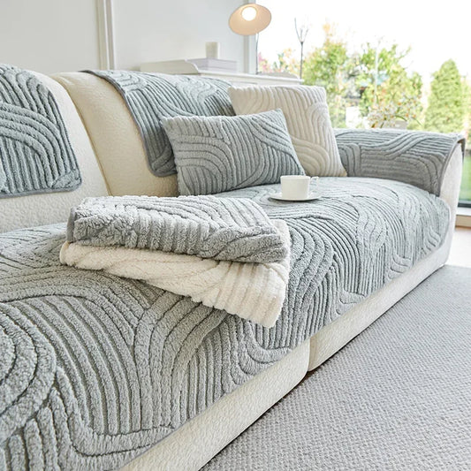 1PC Wave Striped Sofa Cover Solid Color Thicken Plush Sofa Towel Covers Non-slip Couch Slipcovers Sofa Mat for Living Room