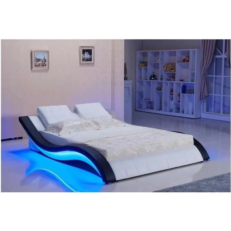 Bedroom furniture leather bed with blue led lights and music therapy bed A021