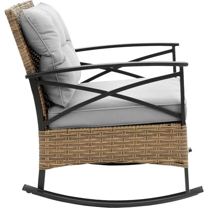Grey Cushioned Wicker Patio Furniture Set with 3 Rocking Chairs and Coffee Table for Garden, Lawn, and Backyard