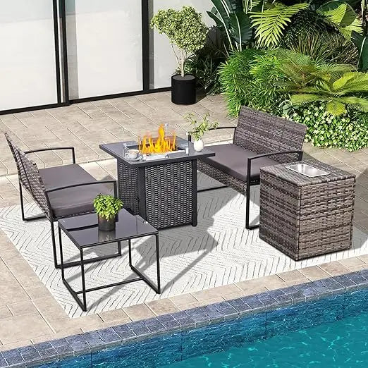 Outdoor Patio Furniture Set with Gas Fire Pit, Conversation Area, and Storage Box
