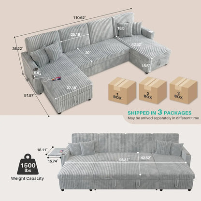 Sleeper Sectional Sofa, 110" Modern U Shaped Couch with Pull Out Bed, Convertible Corduroy Cloud Sofa with Double, Customized
