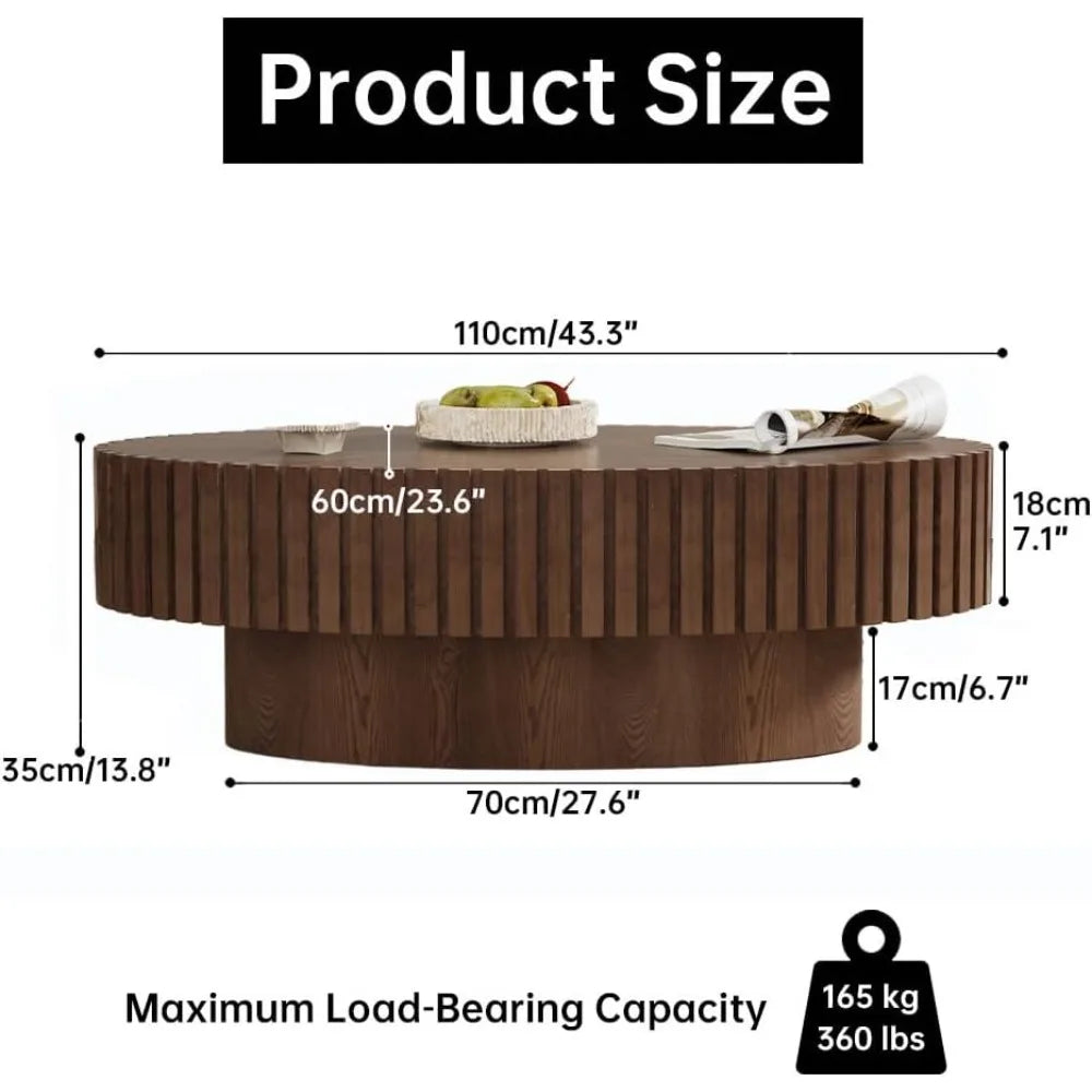 Oval Coffee Table, Brown Drum Fluted, Mid Century Modern, Irregular Pedestal Center, For Living Room Farmhouse