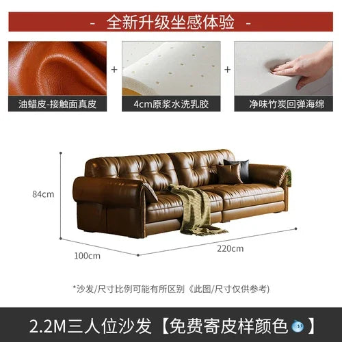 Oil wax leather sofa, French retro style, large and small apartment, living room straight combination