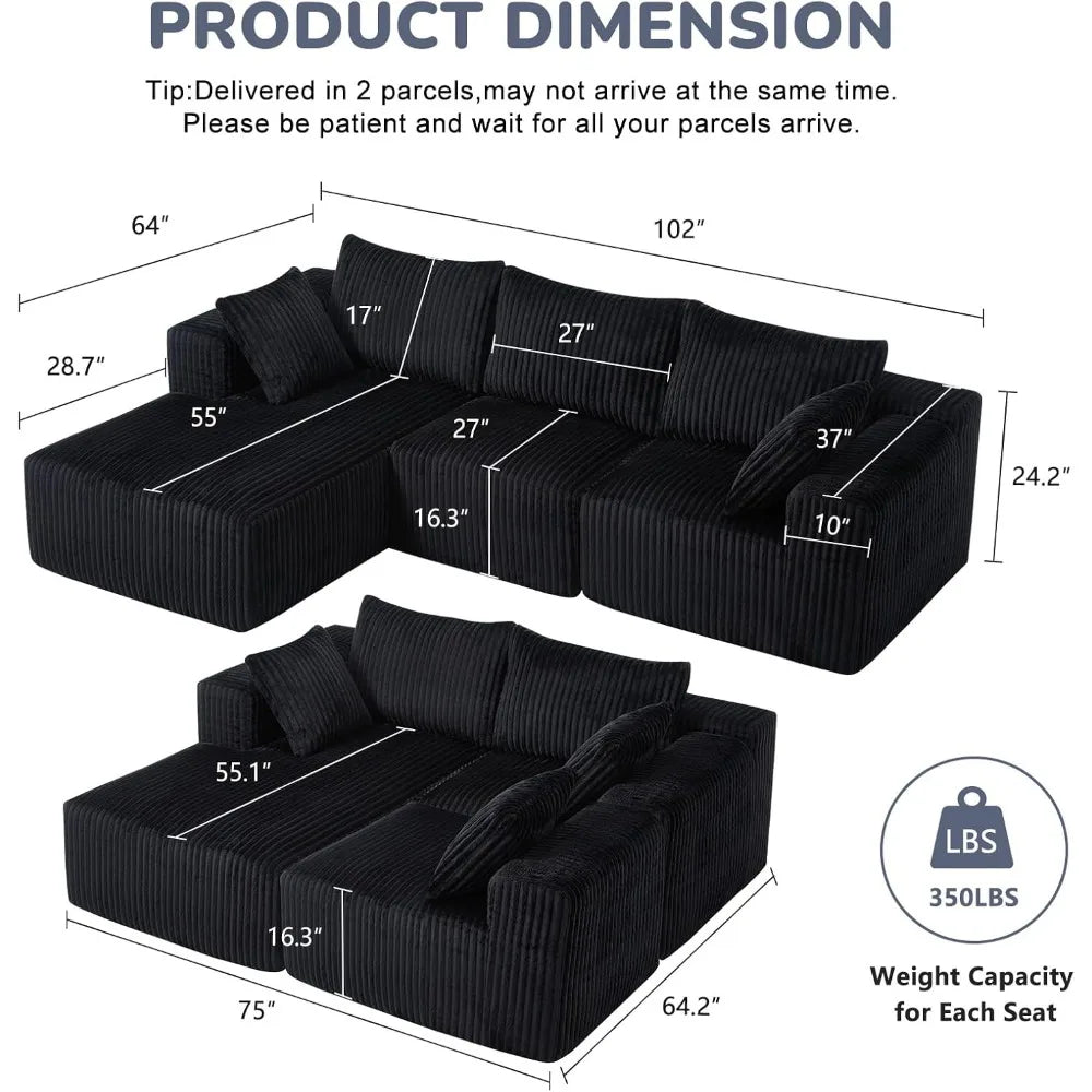 102" Modern Modular Sectional Sofa,Cloud Sectional Couch with Chaise,Deep Seat Boneless Sofa,Comfy Upholstered L-Shape Couch