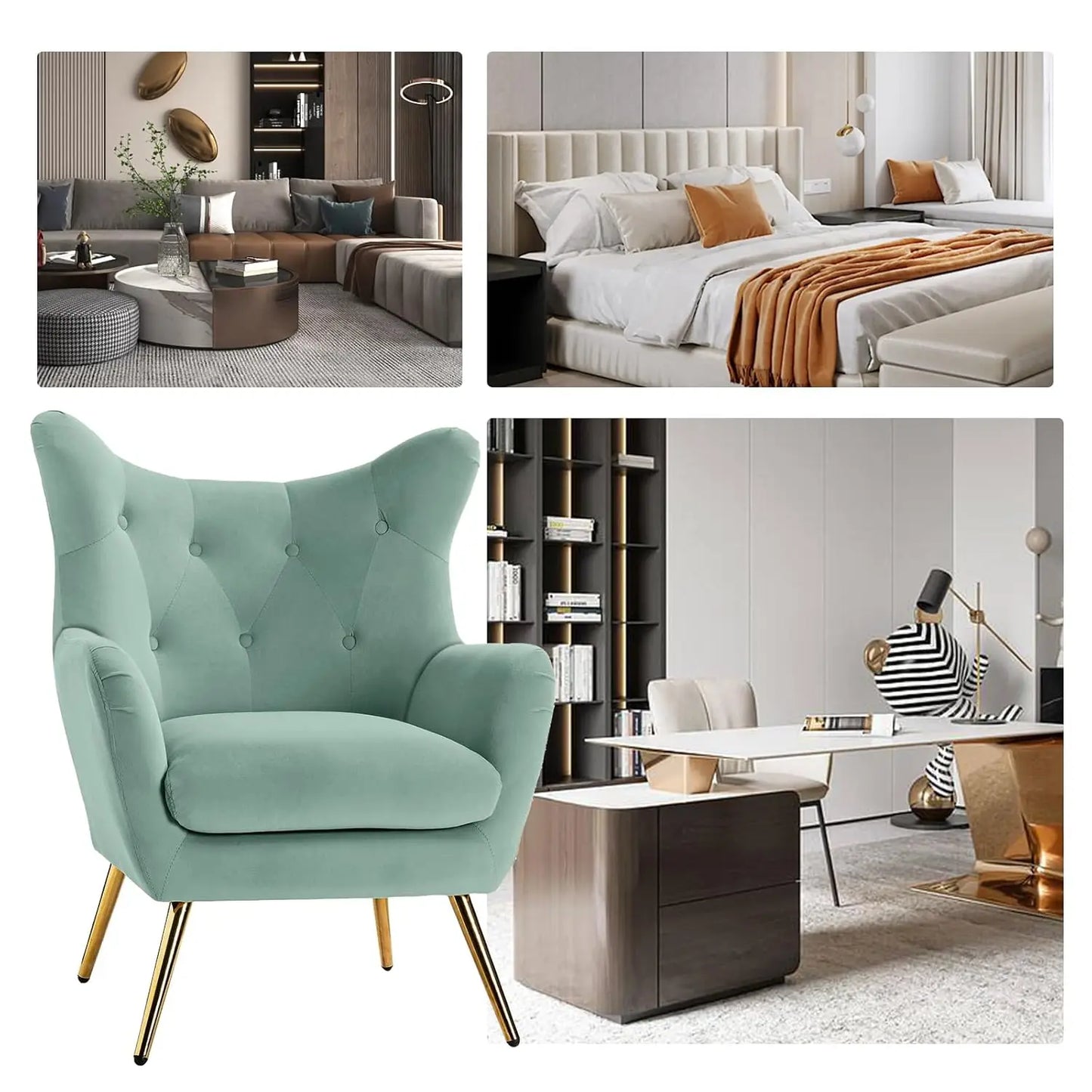 Velvet Accent Chair, Modern Wingback Arm Chair with Metal Gold Legs, Velvet Tufted Upholstered for Living Room, Customized