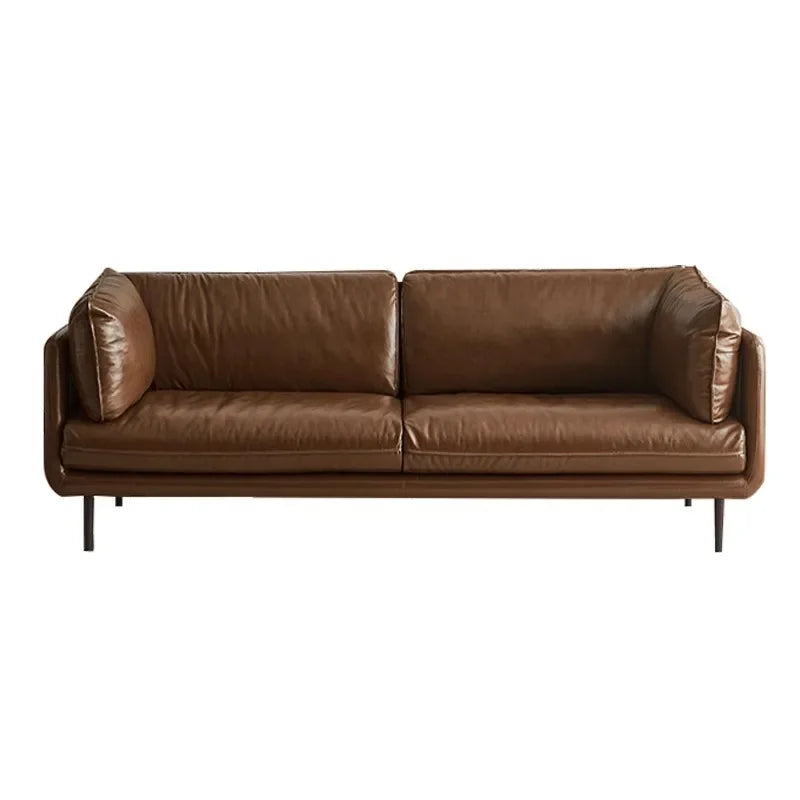 Retro oil wax leather sofa down large living room Nordic simple medium and ancient style straight row leather art sofa
