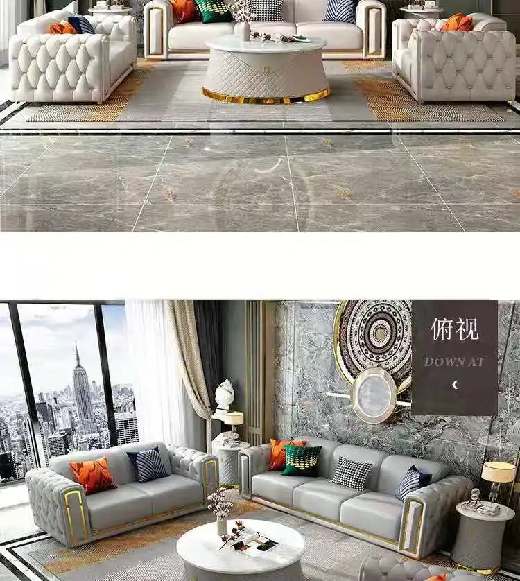Italian light luxury sofa living room leather sofa first layer cowhide buckle design luxury combination sofa size apartment