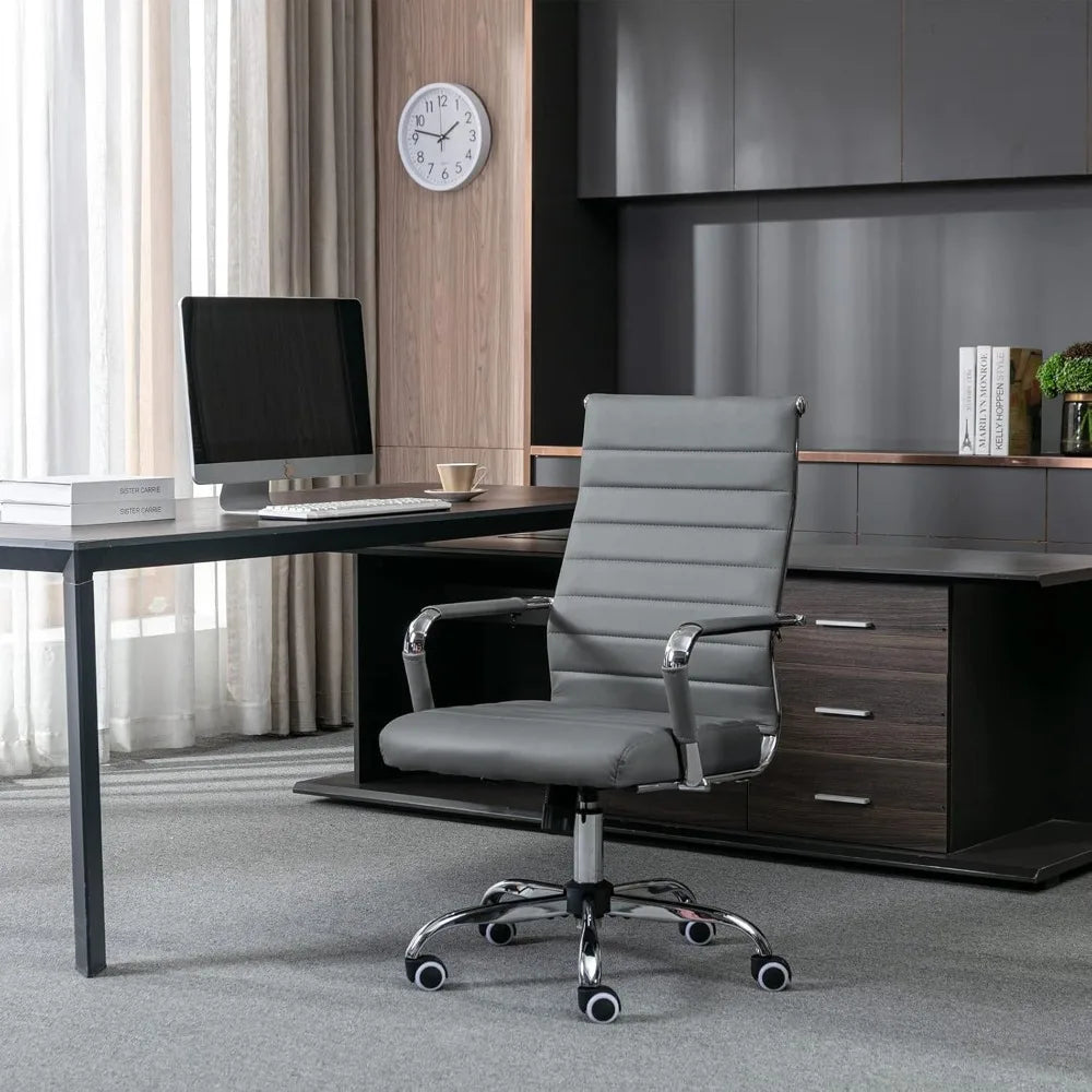 "contemporary ribbed home office chair, sleek leather meeting room seating, ergonomic desk chair for office, high-back executive