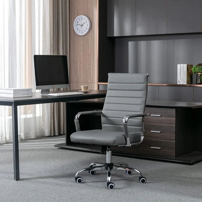 "contemporary ribbed home office chair, sleek leather meeting room seating, ergonomic desk chair for office, high-back executive
