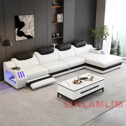 NEW Modern L-Shaped Sectional Sofa Bed with Adjustable Headrests & LED Lights, Genuine Leather Recliner Couch with Storage & USB