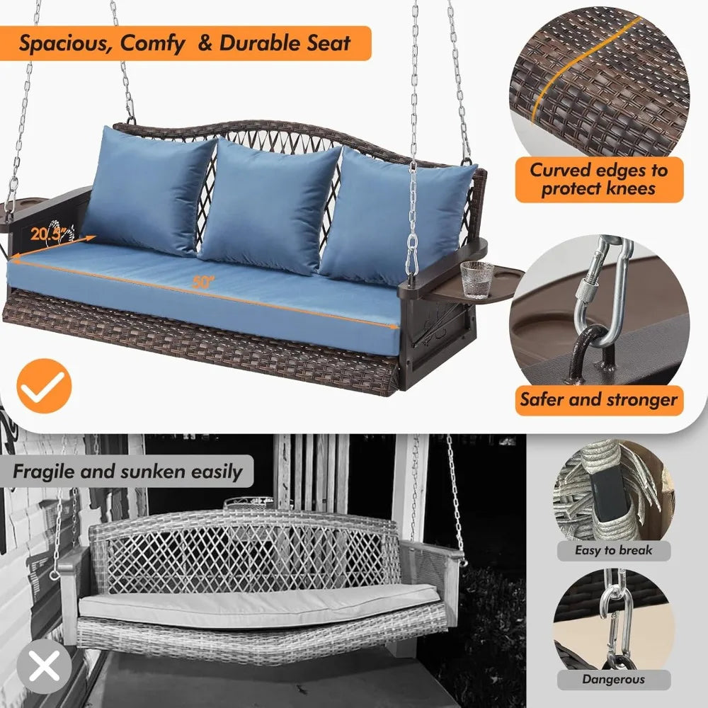 Upgraded Wicker Hanging Porch Swing, Heavy Duty 900 LBS 3-Seat Outdoor Patio Swing Chair Bench, for Adult w/ 8.9ft Hanging Chain