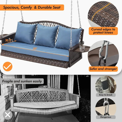Upgraded Wicker Hanging Porch Swing, Heavy Duty 900 LBS 3-Seat Outdoor Patio Swing Chair Bench, for Adult w/ 8.9ft Hanging Chain